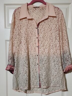 Soft Surroundings Blush Pink Ombre Lace Button-Down Shirt, Large